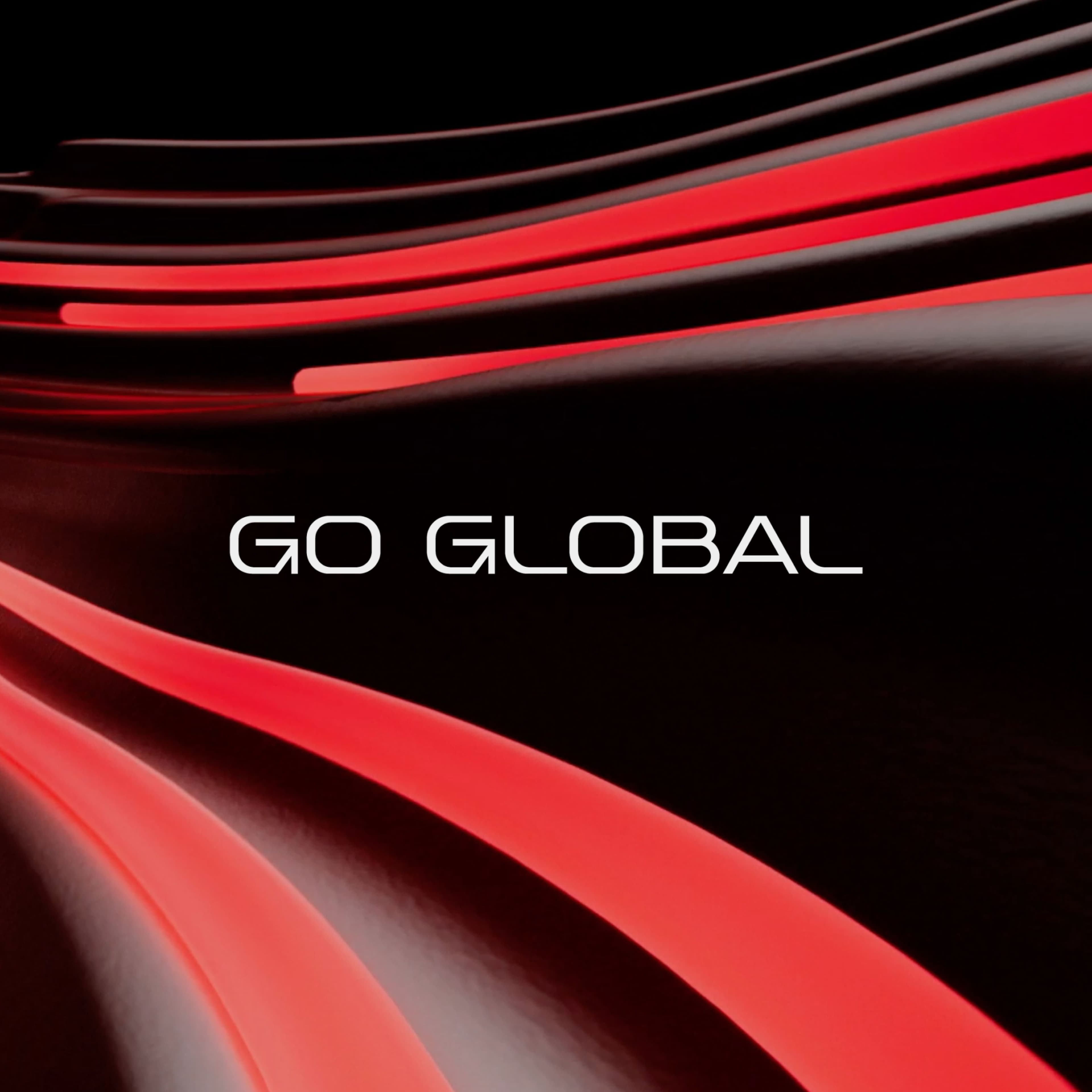 Abstract design with red lines on a black background and text.