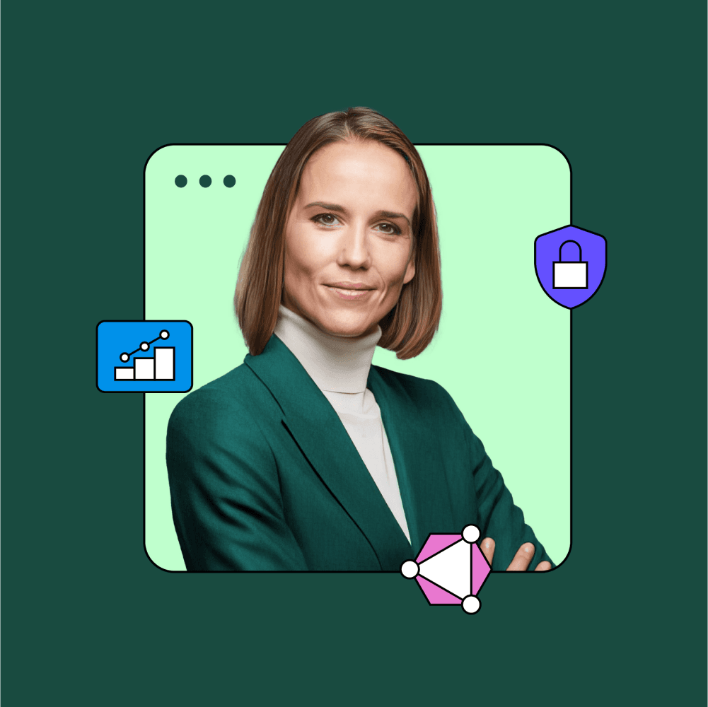 Professional woman in a green blazer with icons representing data and security.