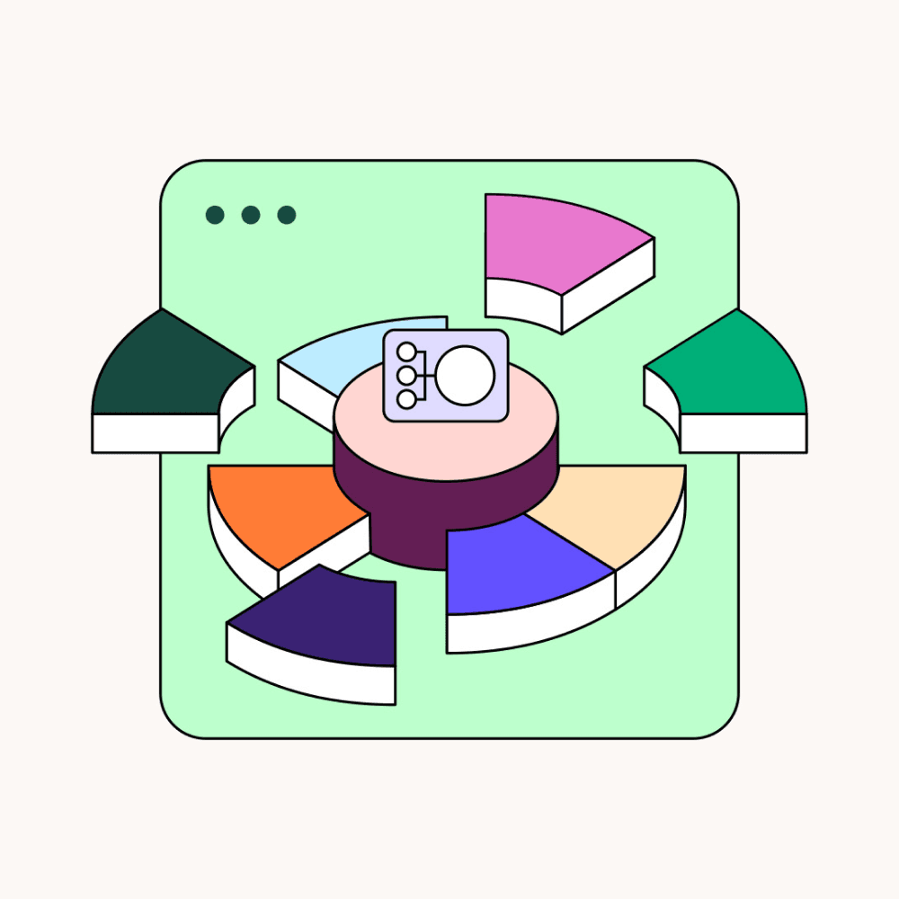Colorful pie chart segments surrounding a central camera icon.
